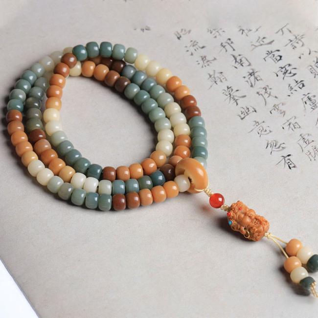 Bodhi Seed Malas | 108 Mala Beads Gradient Bodhi Seed Green Tara Buddha Engraved Peace Harmony Bracelet Bodhi Seed Malas Bodhi Seed Malas