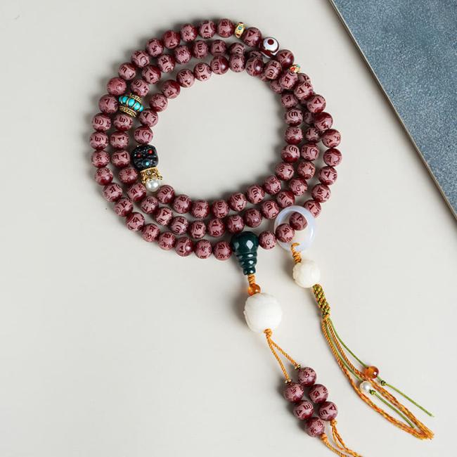 Bodhi Seed Malas | Red Bodhi Seed Om Mani Padme Hum Lotus Engraved Harmony Bracelet Bodhi Seed Malas Bodhi Seed Malas