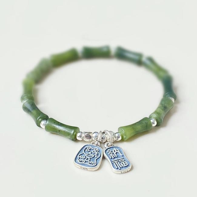 Bracelets | 925 Sterling Silver Bamboo Jade Lucky Cat Fu Character Luck Abundance Bracelet Bracelets Bracelets