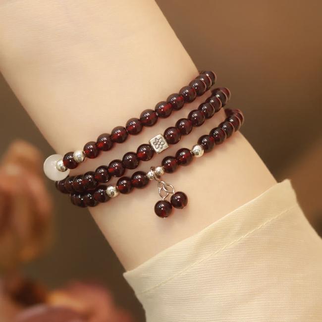 Bracelets | 925 Sterling Silver Natural Garnet Cat Eye Protection Triple Wrap Bracelet Bracelets Bracelets