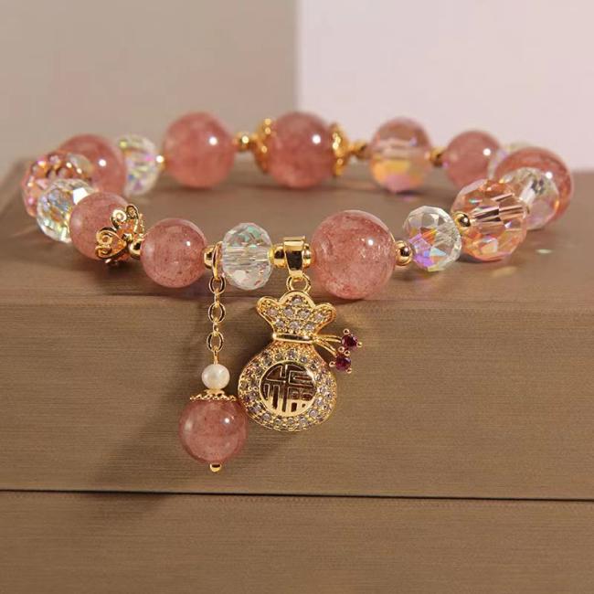 Bracelets | Natural Strawberry Quartz Crystal Money Bag Charm Positive Bracelet Bracelets Bracelets