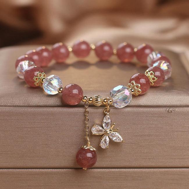 Bracelets | Natural Strawberry Quartz Love Healing Butterfly Charm Bracelet Bracelets Bracelets