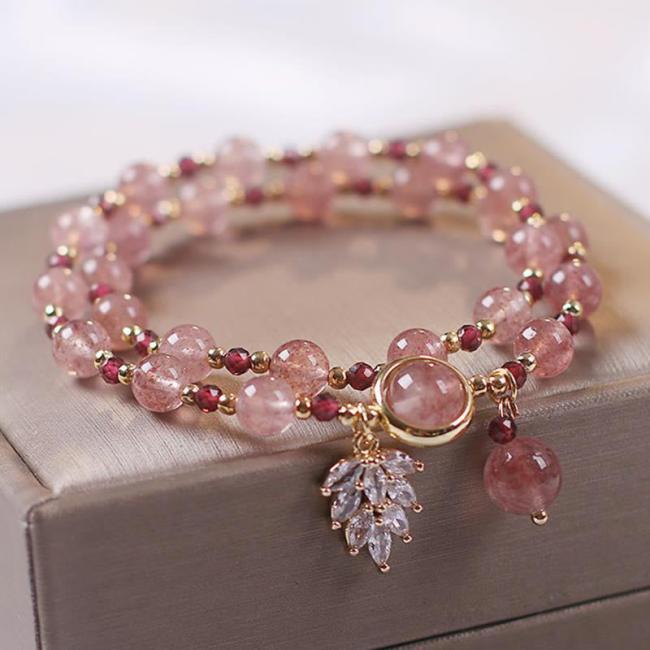 Bracelets | Natural Strawberry Quartz Love Healing Maple Leaf Charm Double Wrap Bracelet Bracelets Bracelets