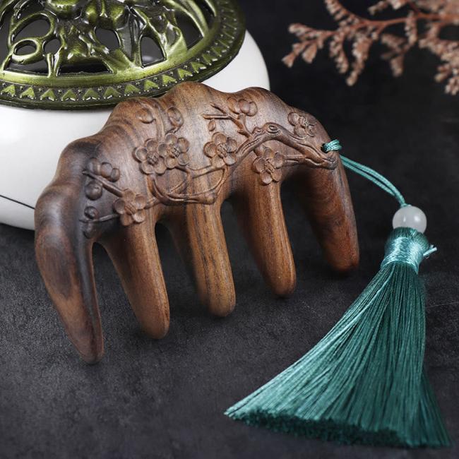 COMB | Green Sandalwood Plum Blossom Flowers Lotus Koi Fish Engraved Soothing Tassel Comb COMB COMB