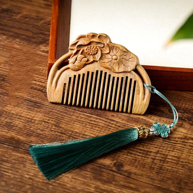 COMB | Natural Green Sandalwood Lotus Flower Leaf Engraved Soothing Comb COMB COMB