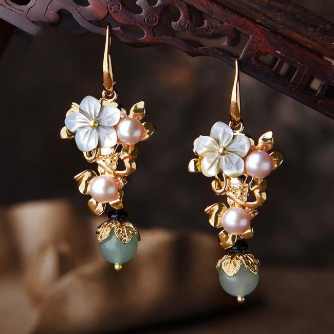 Earrings | 14K Gold Plated Tridacna Stone Flower Pearl Green Aventurine Bead Drop Earrings Earrings Earrings