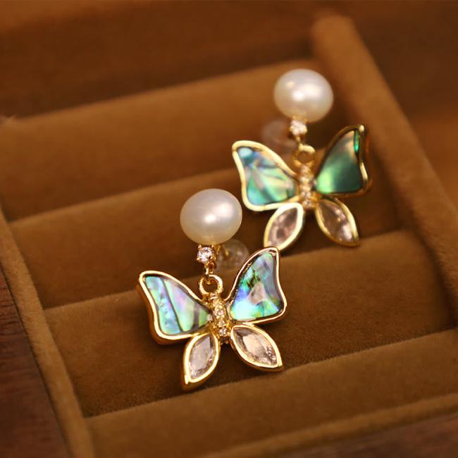 Earrings | 18K Gold Plated Copper Natural Shell Pearl Butterfly Sincerity Stud Earrings Earrings Earrings