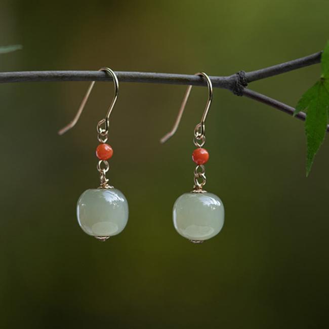 Earrings | 925 Sterling Silver 14K Gold Plated Hetian Jade Red Agate Luck Drop Dangle Earrings Earrings Earrings