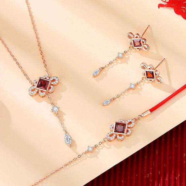 Earrings | 925 Sterling Silver Chinese Knotting Red Zircon Wealth Necklace Pendant Bracelet Earrings Set Earrings Earrings