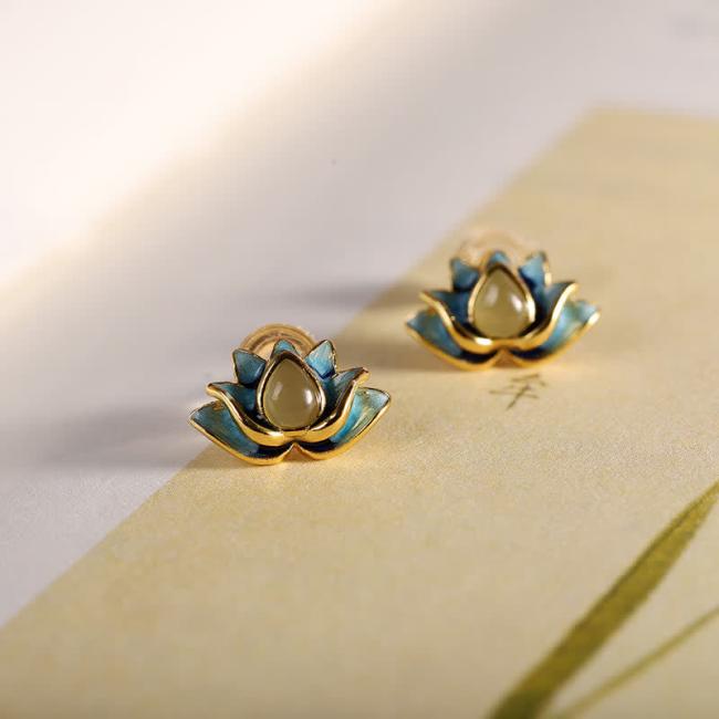 Earrings | 925 Sterling Silver Hetian Cyan Jade Lotus Flower Success Earrings Earrings Earrings