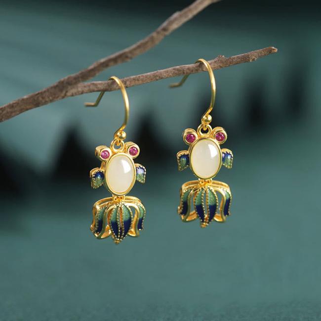 Earrings | 925 Sterling Silver Hetian White Jade Red Agate Cute Fish Happiness Drop Earrings Earrings Earrings