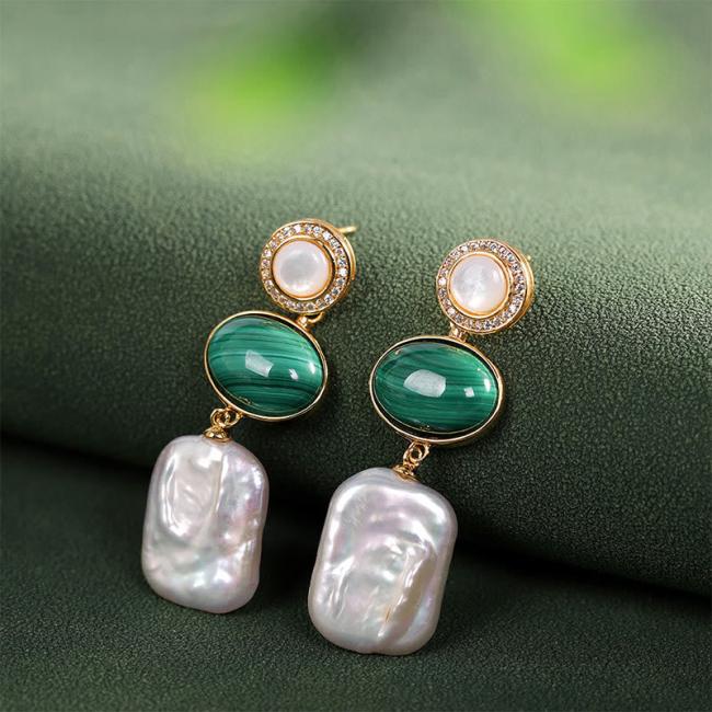 Earrings | 925 Sterling Silver Natural Baroque Pearl Malachite Healing Wisdom Drop Earrings Earrings Earrings