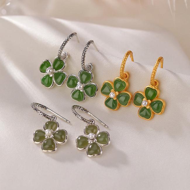 Earrings | 925 Sterling Silver Natural Cyan Jade Four Leaf Clover Luck Success Earrings Earrings Earrings