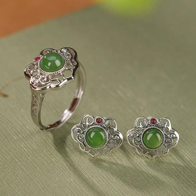 Earrings | 925 Sterling Silver Natural Hetian Cyan Jade Hollow Design Luck Ring Earrings Set Earrings Earrings