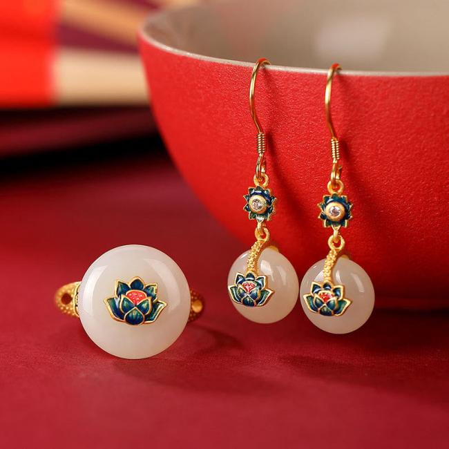 Earrings | 925 Sterling Silver Plated Gold Hetian Jade Lotus Luck Ring Earrings Set Earrings Earrings