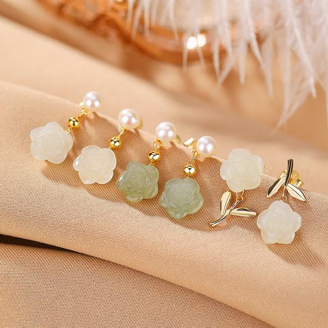 Earrings | 925 Sterling Silver Plated Gold Jade Rose Flower Cyan Jade Pearl Luck Earrings Earrings Earrings