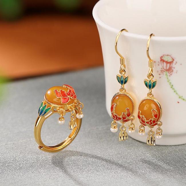 Earrings | 925 Sterling Silver Plated Gold Natural Amber Flower Pearl Confidence Ring Earrings Set Earrings Earrings