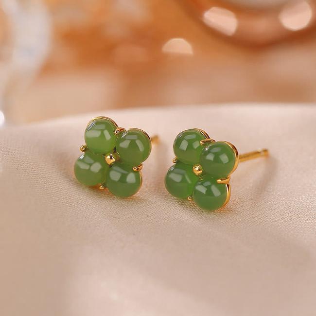 Earrings | 925 Sterling Silver Plated Gold Natural Cyan Jade Four Leaf Clover Luck Stud Earrings Earrings Earrings