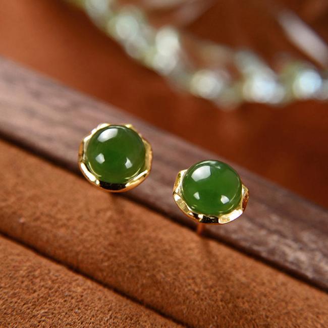 Earrings | 925 Sterling Silver Plated Gold Natural Hetian Cyan Jade Bead Luck Stud Earrings Earrings Earrings