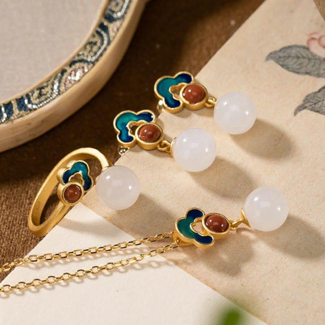 Earrings | 925 Sterling Silver Plated Gold Natural Hetian White Jade Auspicious Clouds Luck Necklace Pendant Ring Earrings Set Earrings Earrings