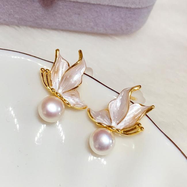 Earrings | 925 Sterling Silver Posts Copper Plated Gold Natural Pearl Bead Butterfly Wisdom Stud Earrings Earrings Earrings