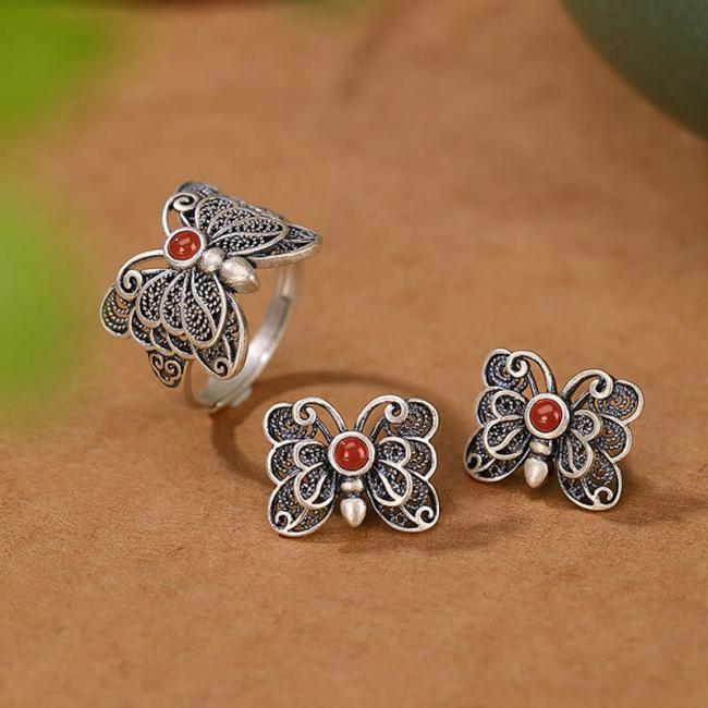 Earrings | 925 Sterling Silver Red Agate Butterfly Self-acceptance Ring Earrings Set Earrings Earrings