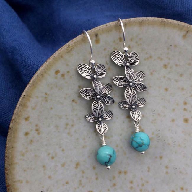 Earrings | 925 Sterling Silver Turquoise Lazurite Flower Leaf Serenity Protection Hook Drop Dangle Earrings Earrings Earrings