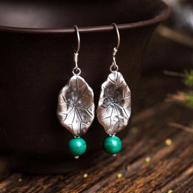 Earrings | 925 Sterling Silver Turquoise Lotus Leaf Protection Drop Dangle Earrings Earrings Earrings