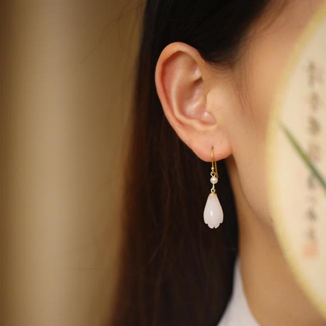 Earrings | 925 Sterling Silver White Jade Magnolia Flower Happiness Drop Earrings Earrings Earrings