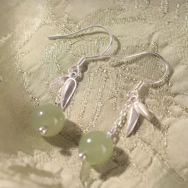 Earrings | 999 Sterling Silver Hetian Jade Bead Bamboo Leaf Luck Drop Dangle Earrings Earrings Earrings