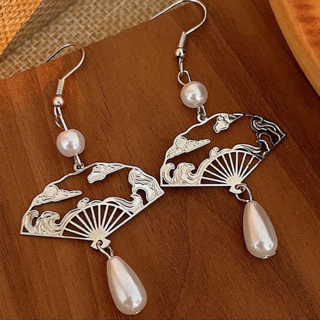 Earrings | Copper Fan Auspicious Clouds Pearl Healing Drop Earrings Earrings Earrings