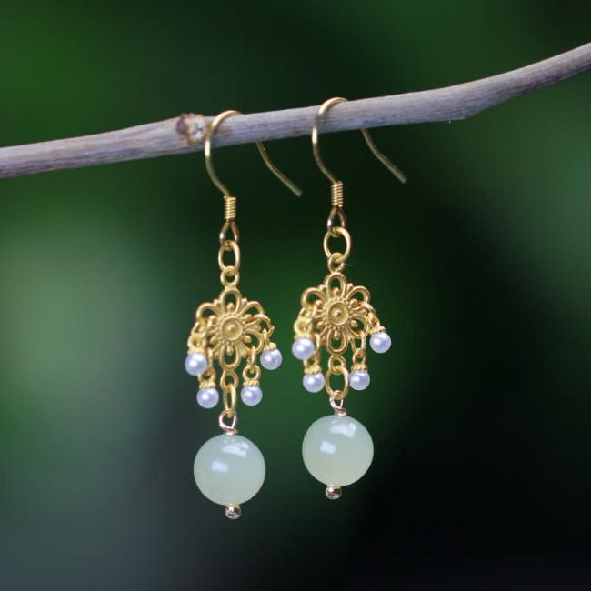 Earrings | Hetian Jade Flower Pattern 14K Gold Plated Luck Drop Dangle Earrings Earrings Earrings