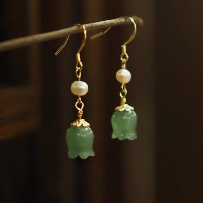 Earrings | Lily of The Valley Natural Green Aventurine 14K Gold Plated Luck Pearl Drop Dangle Floral Earrings Earrings Earrings