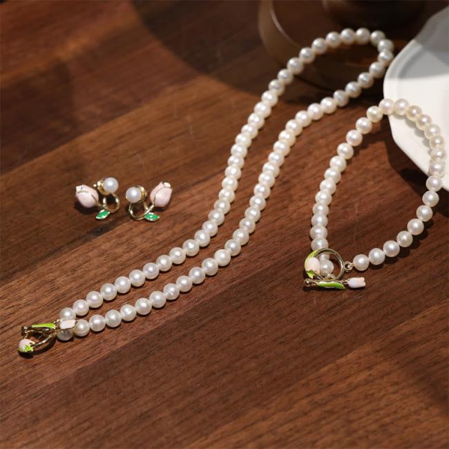 Earrings | Natural Pearl Tulip Flower Healing Necklace Pendant Bracelet Earrings Set Earrings Earrings