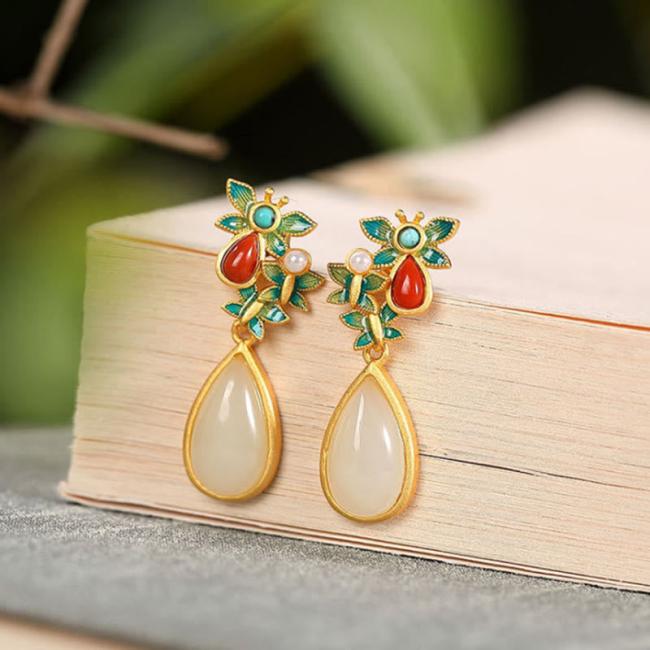 Earrings | Water Drop White Jade Red Agate Butterfly Protection Drop Dangle Earrings Earrings Earrings