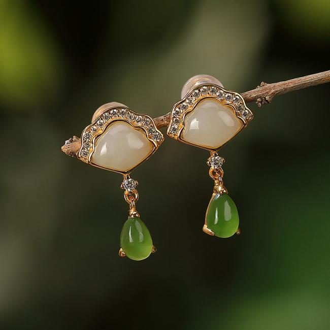 Earrings | White Jade Cyan Jade Fan Water Drop Pattern Luck Drop Earrings Earrings Earrings