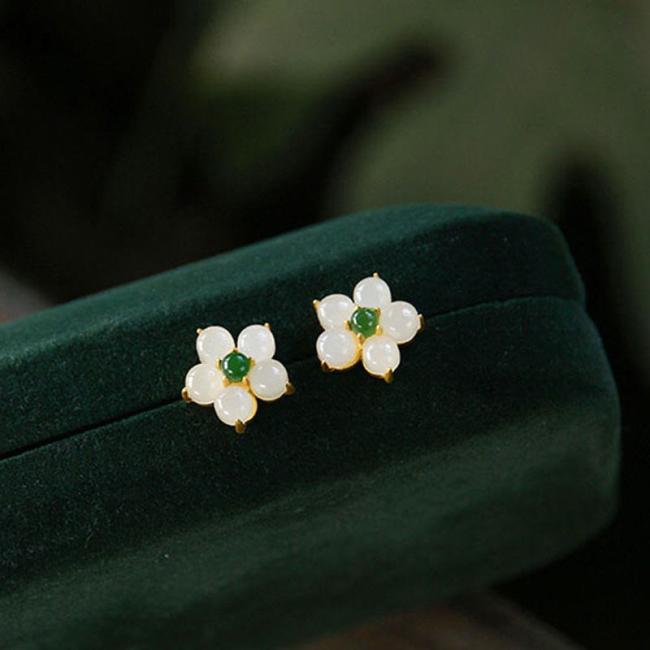 Earrings | White Jade Flower Luck Blessing Stud Earrings Earrings Earrings