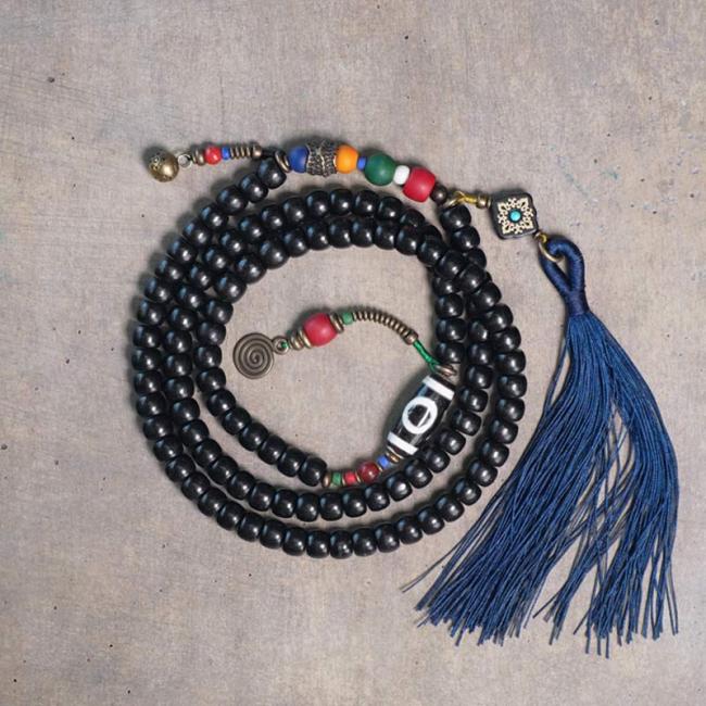 Gemstone Malas | 108 Beads Mala Ebony Wood Dzi Bead Copper Balance Tassel Bracelet Gemstone Malas Gemstone Malas