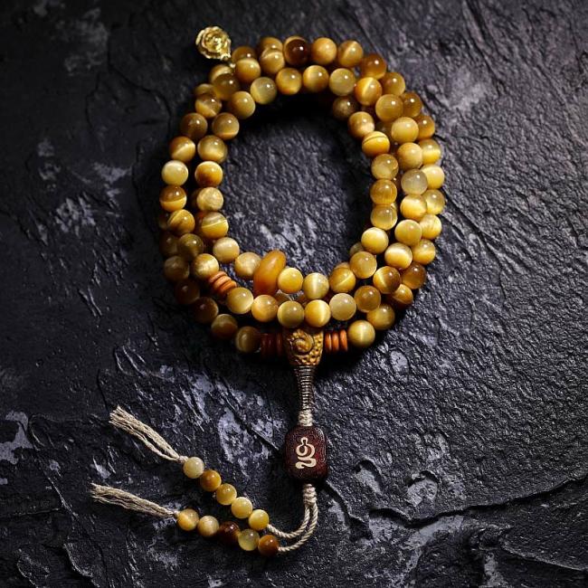 Gemstone Malas | 108 Mala Beads Natural Tiger Eye Copper Dorje Protection Tassel Bracelet Gemstone Malas Gemstone Malas