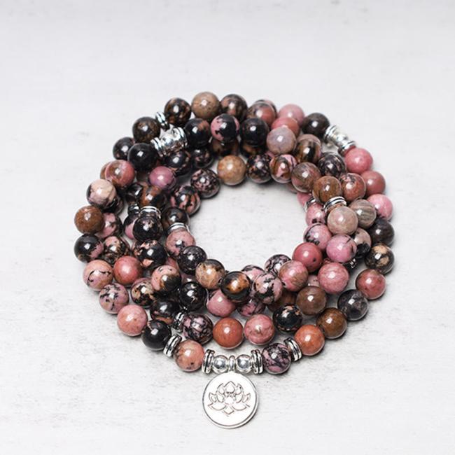 Gemstone Malas | 108 Mala Beads Rhodonite Lotus Compassion Energy Bracelet Gemstone Malas Gemstone Malas