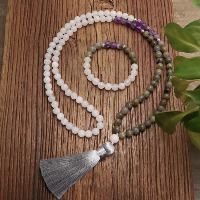 Gemstone Malas | 108 Mala Beads White Agate Amethyst Black Glitter Stone Protection Bracelet Gemstone Malas Gemstone Malas