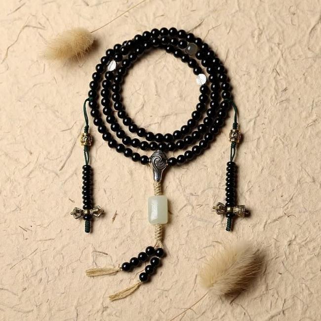 Gemstone Malas | Tibetan Black Onyx Hetian Jade 108 Mala Beads Fortune Bracelet Gemstone Malas Gemstone Malas