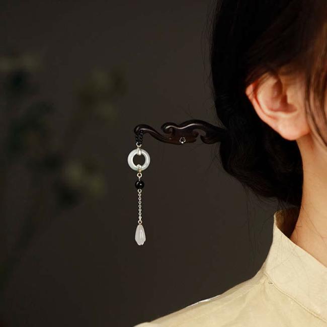 Hairpin | 925 Sterling Silver Hetian White Jade Ebony Wood Protection Hairpin Hairpin Hairpin