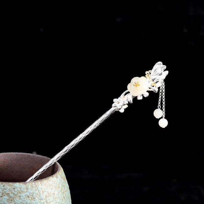 Hairpin | 925 Sterling Silver Hetian White Jade Flower Blessing Hairpin Hairpin Hairpin