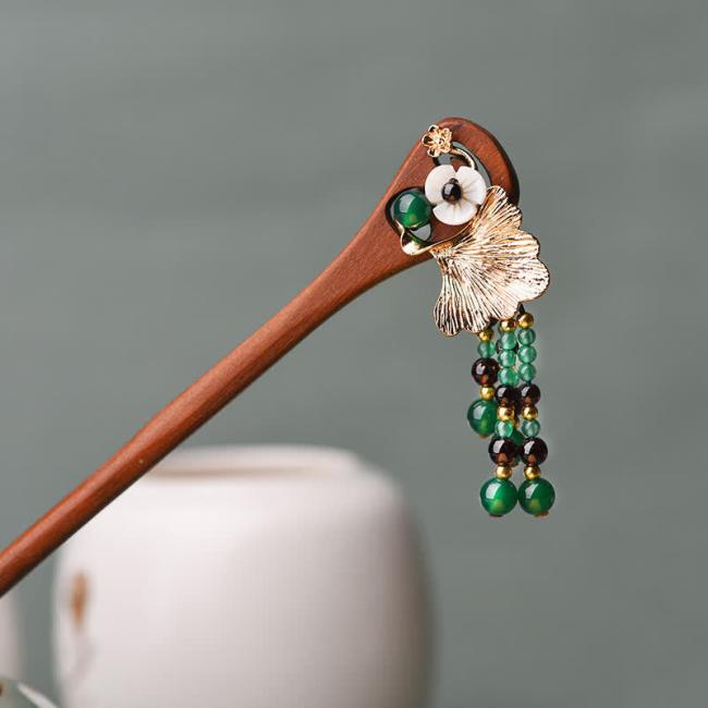 Hairpin | Red Sandalwood Green Agate Ginkgo Leaf Protection Hairpin Hairpin Hairpin