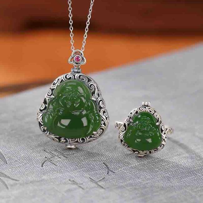 Necklaces & Pendants | 925 Sterling Silver Natural Hetian Cyan Jade Laughing Buddha Auspicious Clouds Success Necklace Pendant Ring Set Jewelry Necklaces & Pendants