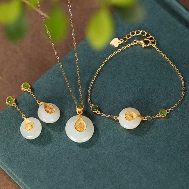 Necklaces & Pendants | 925 Sterling Silver Plated Gold Hetian Jade Fu Character Luck Necklace Pendant Bracelet Earrings Earrings Earrings