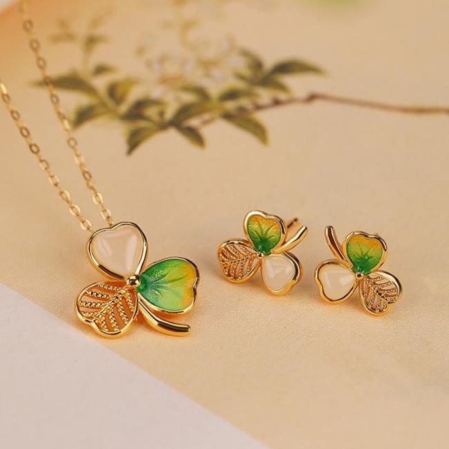 Necklaces & Pendants | 925 Sterling Silver Plated Gold Hetian Jade Luck Shamrock Clover Necklace Pendant Earrings Earrings Earrings