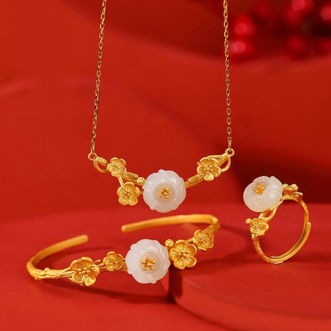 Necklaces & Pendants | 925 Sterling Silver Plated Gold Hetian Jade Plum Blossom Luck Necklace Pendant Bracelet Bangle Ring Jewelry Necklaces & Pendants