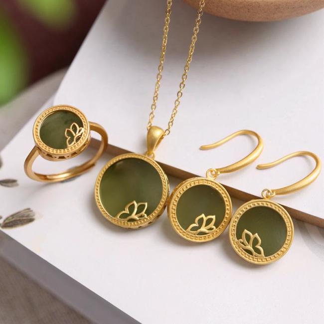 Necklaces & Pendants | 925 Sterling Silver Plated Gold Natural Round Hetian Cyan Jade Success Necklace Pendant Ring Earrings Set Earrings Earrings